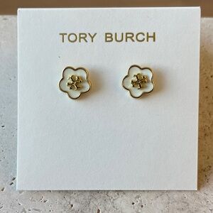 Tory Burch Gold and Cream Floral Stud Earrings